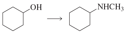 Chemical reaction showing the conversion of a cyclohexanol to a cyclohexylamine with an amine group.