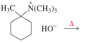 Chemical reaction diagram showing a quaternary ammonium compound reacting with hydroxide under heat to produce a major product.