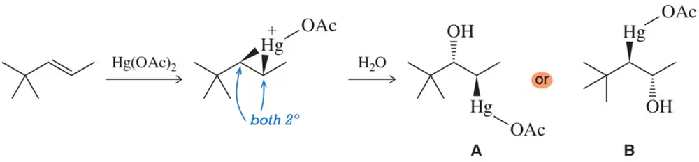 Mercurinium ion with secondary carbons; water adds to form either product A or B.