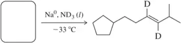 Chemical reaction diagram showing sodium and liquid ammonia at -33°C producing a specific trans-alkene structure with deuterium.