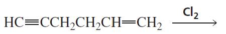 Chemical reaction showing the addition of chlorine to a hydrocarbon chain with triple and double bonds.