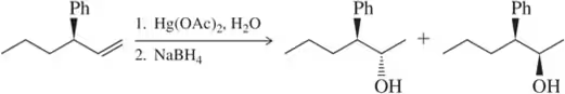 Chemical reaction showing oxymercuration of an alkene with Hg(OAc)2, H2O, and NaBH4, forming two stereoisomers.