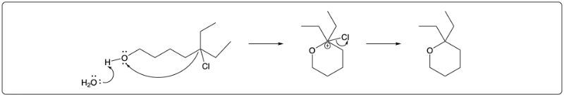 Substitution reaction mechanism with electron flow and product formation.