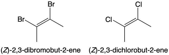 Chemical structures of (Z)-2,3-dibromobut-2-ene and (Z)-2,3-dichlorobut-2-ene for dipole and boiling point comparison.