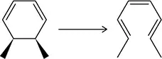 Cyclohexadiene ring with substituents moves to a hexatriene ring, indicating an electrocyclic reaction.