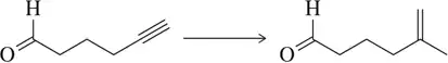 Chemical reaction scheme showing conversion of an alkyne to a ketone with an isopropyl group.