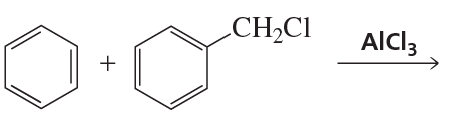 Benzene and chloromethylbenzene react with aluminum chloride to illustrate side-chain halogenation.