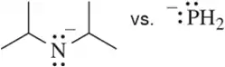 Comparison of two chemical structures: a nitrogen anion and a phosphide anion, for acidity ranking analysis.