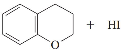 Chemical structure of an ether reacting with hydroiodic acid (HI) to illustrate ether cleavage.