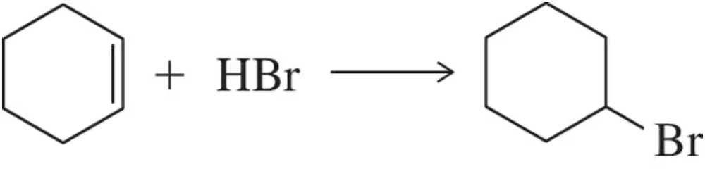 Chemical reaction diagram showing a hexagonal structure reacting with HBr to form a brominated hexagonal compound.