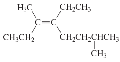 Structural diagram of an alkene with labeled carbon chains and double bond, illustrating systematic naming of compounds.