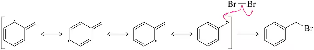 Diagram illustrating the bromination mechanism of toluene, highlighting radical formation and Br₂ attack on the substituent carbon.