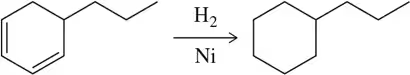 Chemical reaction showing hydrogenation of an alkene to form an alkane, with nickel as a catalyst.