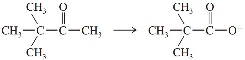 Chemical reaction diagram showing the conversion of a ketone to a carboxylate ion with structural formulas.