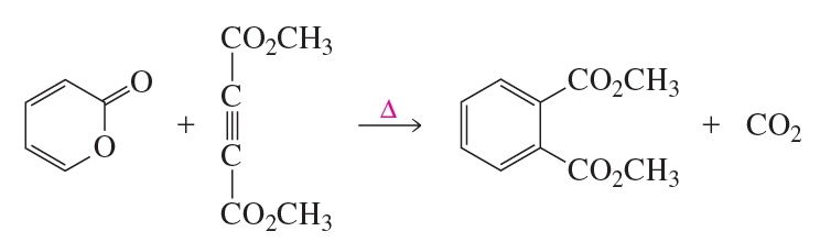 Chemical reaction diagram illustrating the Diels-Alder reaction with reactants, products, and heat symbol.
