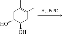 Chemical structure showing a benzene ring with hydroxyl groups and a hydrogenation reaction using H2 and Pd/C.