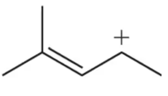 Chemical structure of a carbocation with a positive charge, illustrating resonance structures for educational purposes.
