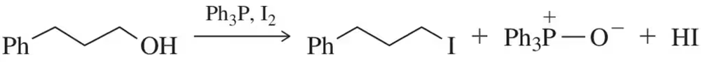 Chemical reaction: alcohol with Ph3P and I2 forms iodoalkane, Ph3P=O, and HI.