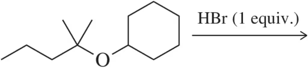 Chemical reaction of ether with HBr, showing ether cleavage to form alcohol and haloalkane.