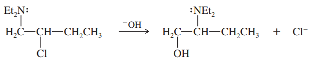 Reaction diagram showing ethyl amine reacting with 2-chlorobutane to form an alcohol and ethyl amine, highlighting rearrangement.