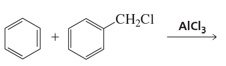 Chemical reaction diagram showing benzene and chloroacetyl chloride reacting with aluminum chloride as a catalyst.