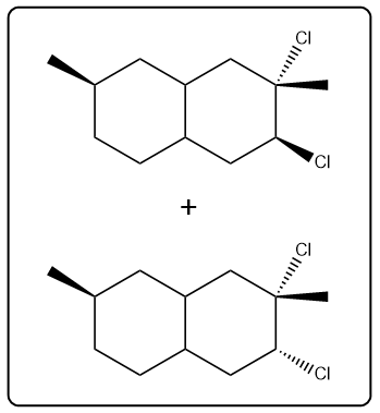 Illustration of a chemical reaction with Cl2, showing product structures.