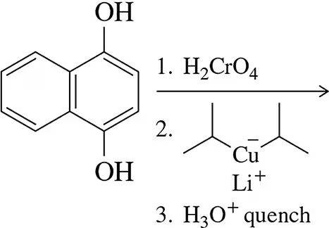 Chemical structure of phenol with oxidation steps using H2CrO4, lithium copper reagent, and water quenching.
