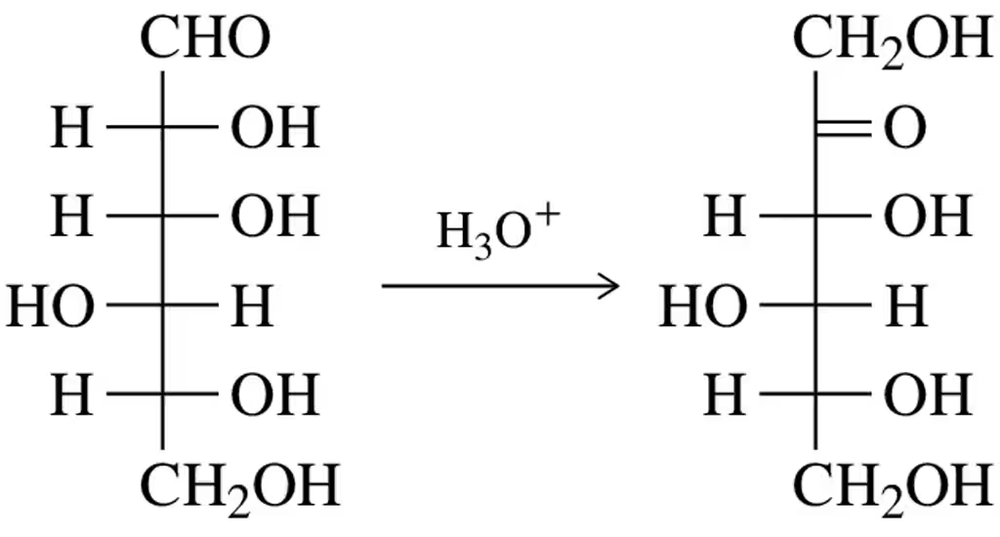 Aldose to ketohexose rearrangement reaction with acid catalyst, showing structural formulas of reactants and products.