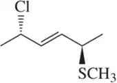 Chemical structure of a molecule with a chlorine atom and a sulfur atom, used to identify chirality.