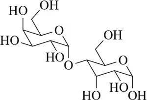 Structural representation of disaccharides showing sugar linkages and hydroxyl groups.
