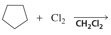 Cyclohexane reacts with chlorine gas to produce dichloroethane, illustrated with structural formulas.