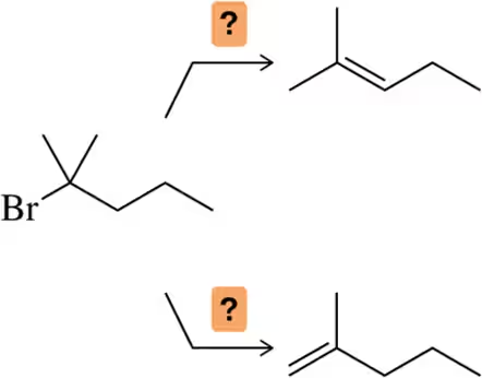 Flowchart showing elimination reactions with a haloalkane and question marks indicating suggested bases for alkene synthesis.