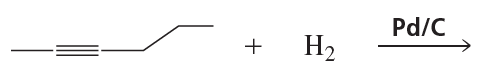 Chemical reaction diagram showing an alkyne reacting with hydrogen and palladium on carbon catalyst.
