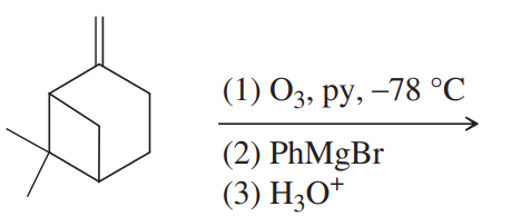 Chemical reaction scheme illustrating ozonolysis with pyridine, followed by Grignard reagent and acid workup steps.