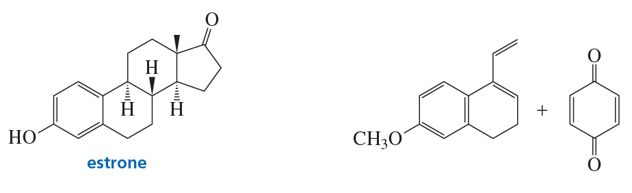 Chemical structures of estrone and reactants for a Diels-Alder reaction, illustrating the formation of a C ring.