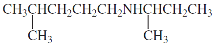 Structural formulas of two amines with labels indicating their systematic and common names, and primary, secondary, or tertiary classification.