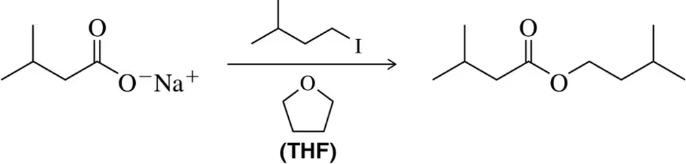 Chemical structures illustrating a substitution reaction mechanism with sodium, iodine, and THF as a solvent.