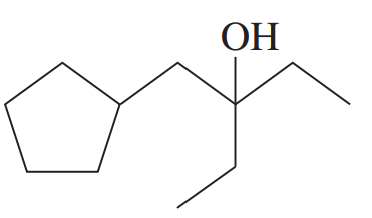 Chemical structure of a tertiary alcohol with an -OH group, illustrating synthesis from a tertiary alkyl bromide.