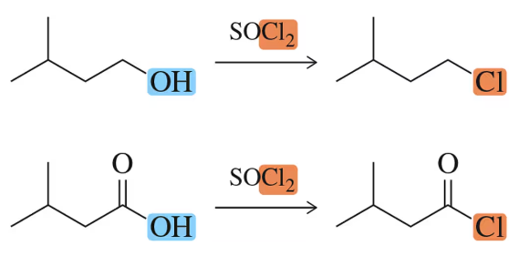 Chemical reaction showing conversion of alcohol and carboxylic acid to alkyl and acid chloride using SOCl2.