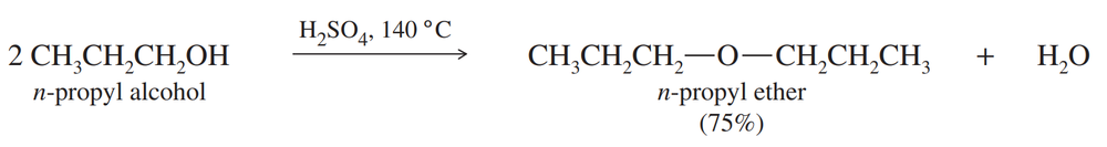 Chemical reaction showing the acid-catalyzed condensation of n-propyl alcohol to n-propyl ether, with water as a byproduct.