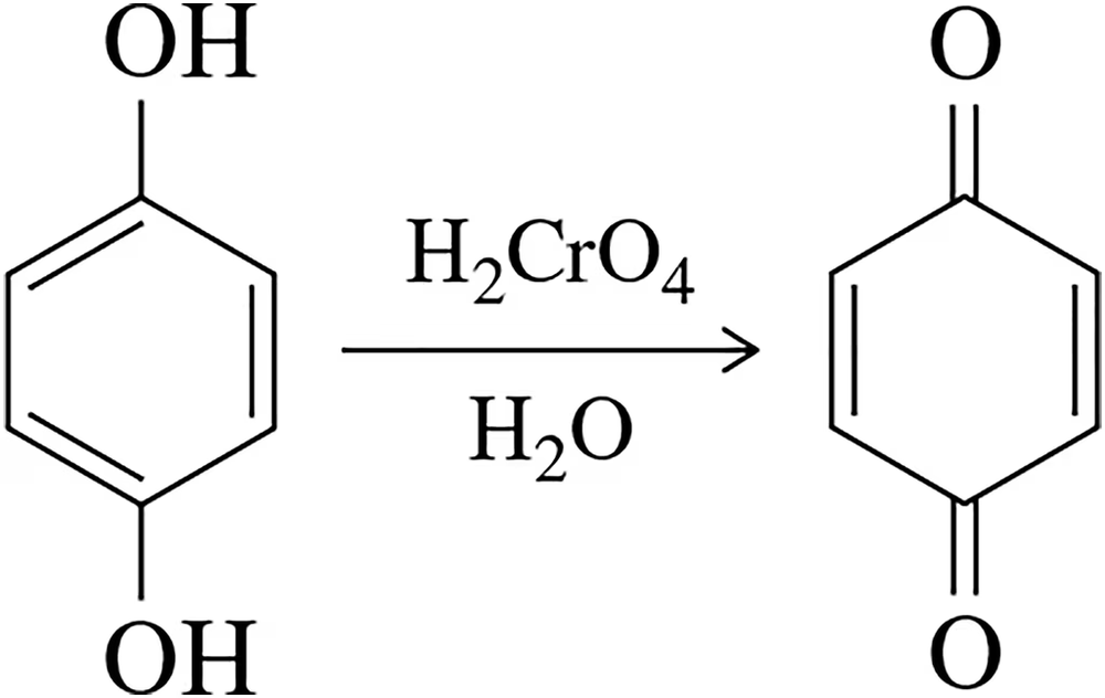 Chemical reaction diagram showing the oxidation of para-dihydroxybenzene to para-quinone using H2CrO4 in water.