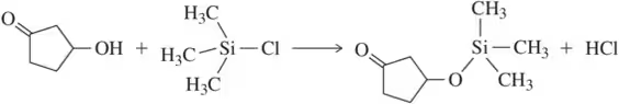 Chemical reaction diagram showing the formation of a silyl ether from an alcohol and a silyl chloride, with products labeled.