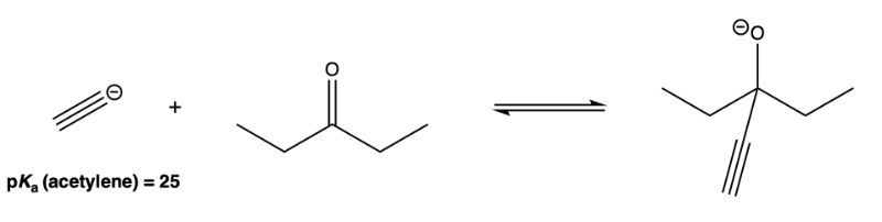 Chemical reaction showing pKa of acetylene, illustrating equilibrium between reactants and products.