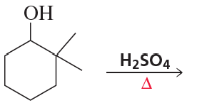 Chemical structure of a cyclohexanol with sulfuric acid catalyst indicating a dehydration reaction.