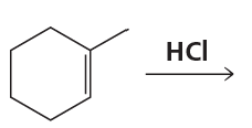 Chemical structure showing a hexagonal ring with a double bond reacting with HCl, indicating a hydrohalogenation reaction.