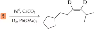 Chemical reaction diagram showing hydrogenation conditions for producing cis-alkenes from alkynes, with labeled components.