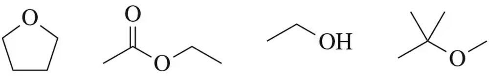 Chemical structures of a cyclic ether, a carbonyl compound, an alcohol, and a carbonyl compound with an alkyl group.