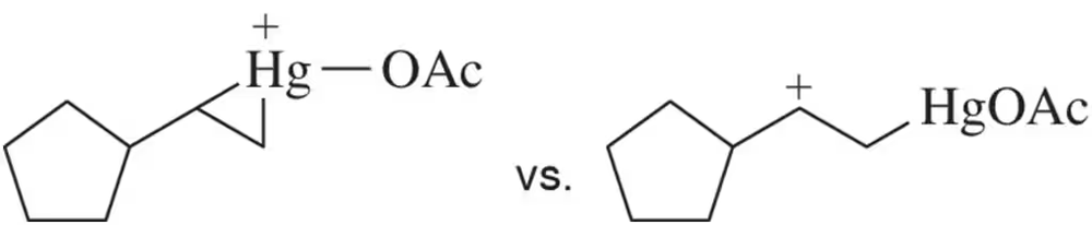 Comparison of carbocation and mercurinium ion structures, highlighting stability differences.