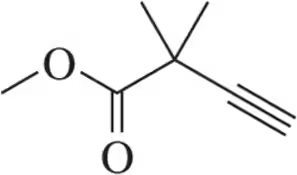 Chemical structure of methyl propanoate with a terminal alkyne group, showing bonds and functional groups.