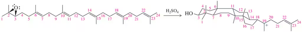 Chemical reaction diagram illustrating epoxide reactions with numbered carbon atoms and sulfuric acid as a reagent.